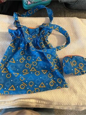 Kids Blue Geometric Drawstring Tote with Orange Accents and Coin Pouch